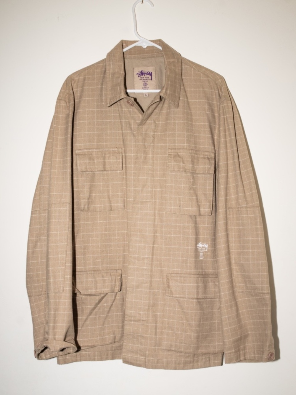 Stussy Check Pattern Work Chore Coat Safari Jacket in Sand Beige